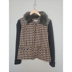 CAbi Sweater Jacket 8 Houndstooth Wool Cotton Academia College Preppy Faux Fur